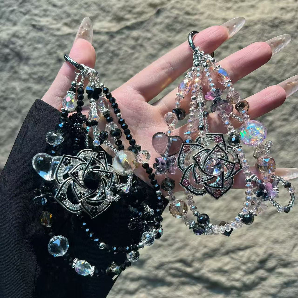 20pcs Crystal Camellia Phone Wrist Strap Keychain Beaded Cellphone Lanyard