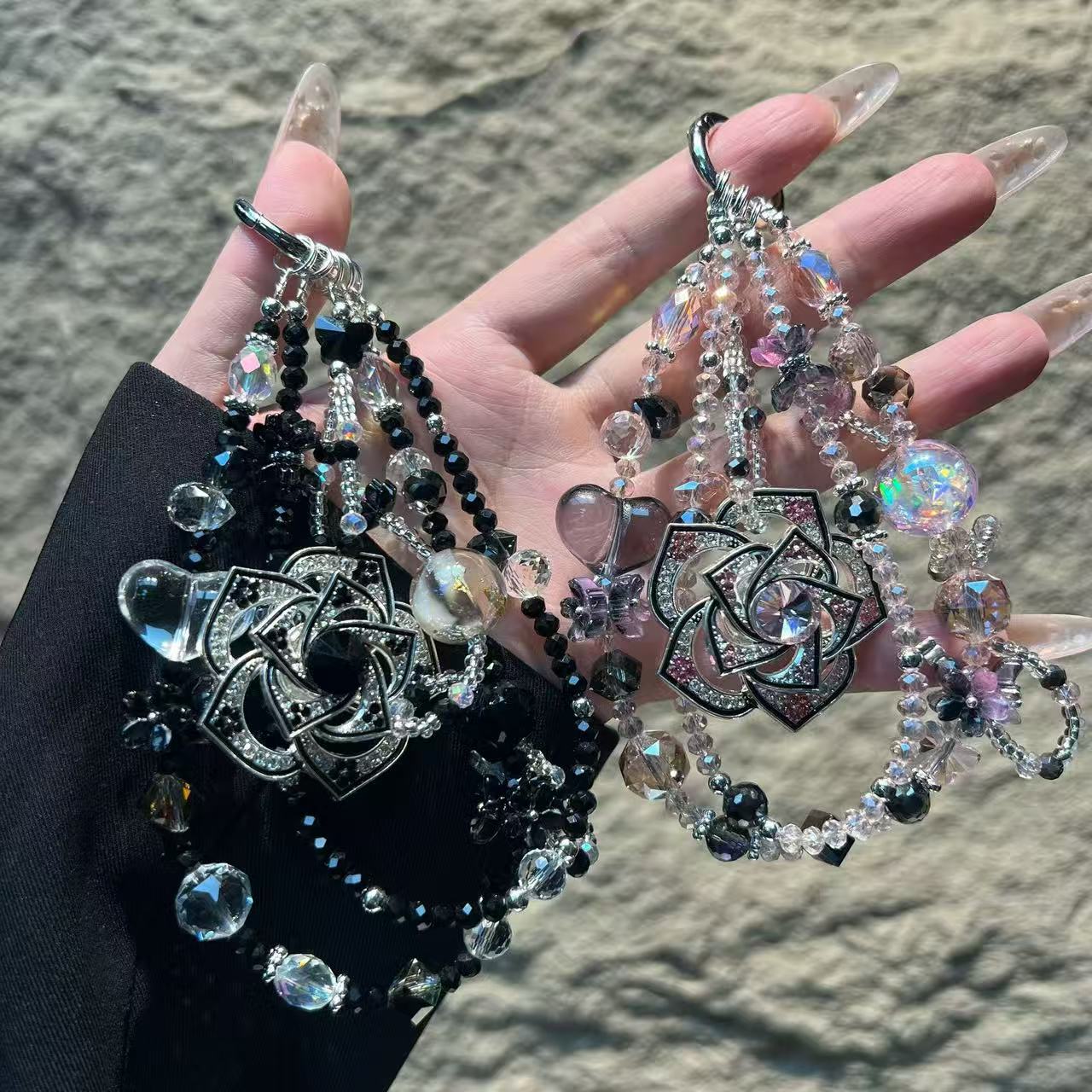 20pcs Crystal Camellia Phone Wrist Strap Keychain Beaded Cellphone Lanyard