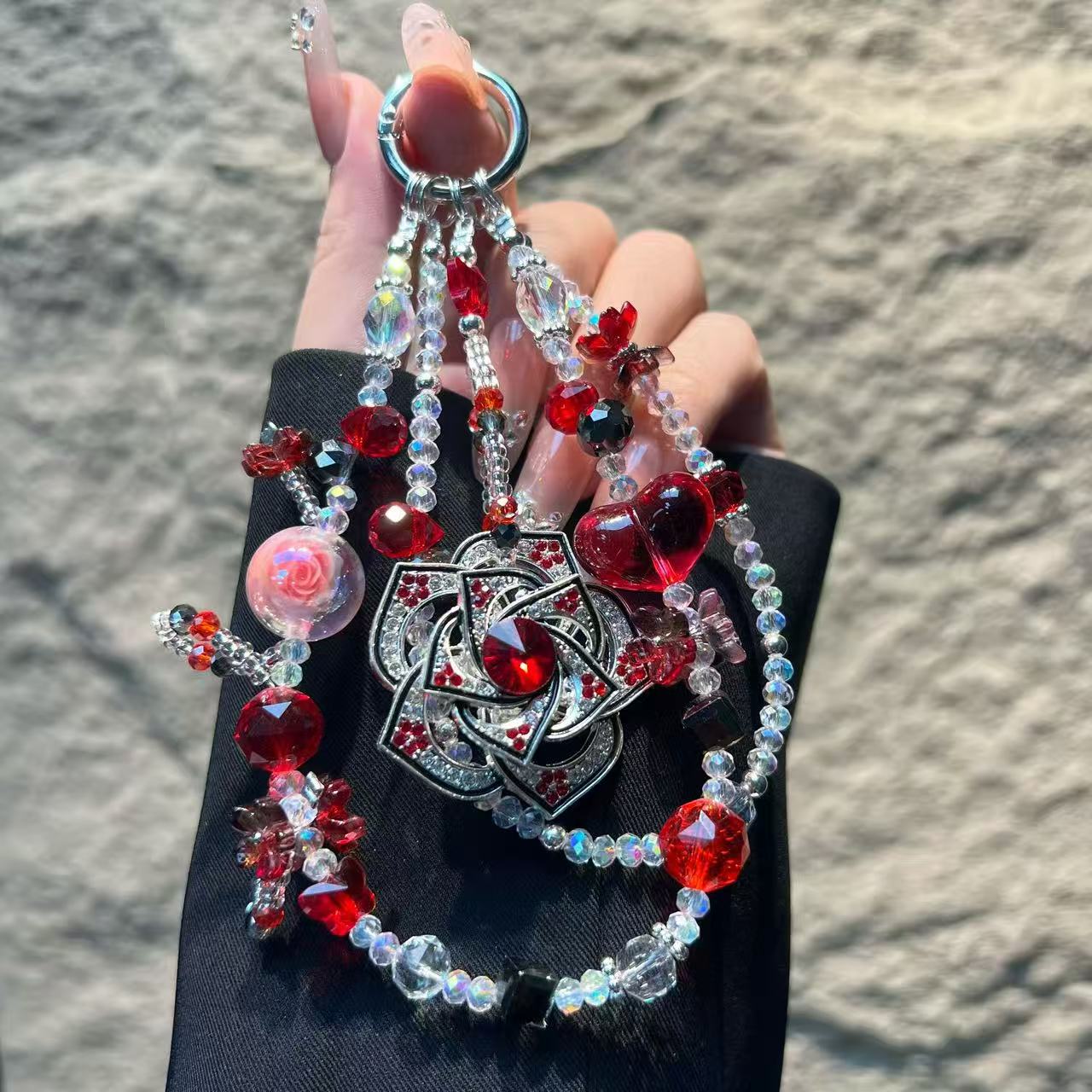 20pcs Crystal Camellia Phone Wrist Strap Keychain Beaded Cellphone Lanyard