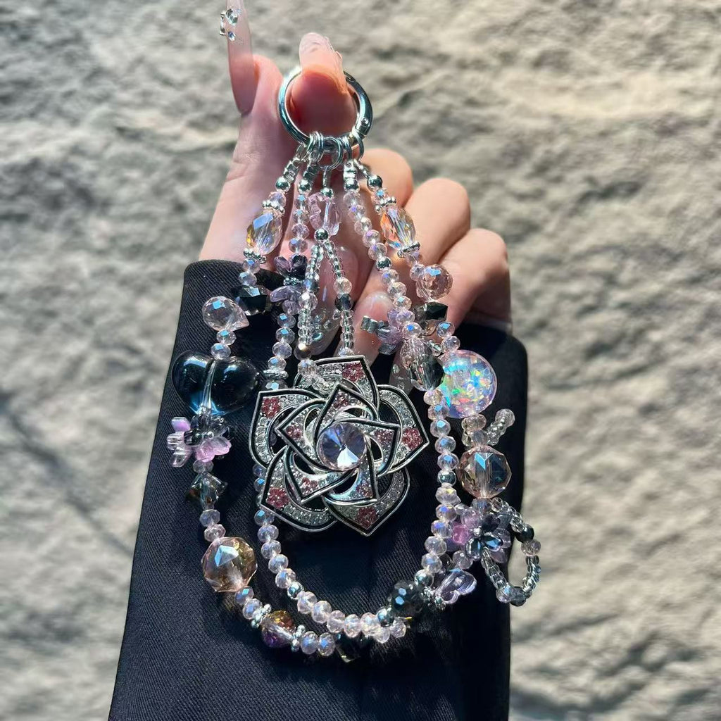 20pcs Crystal Camellia Phone Wrist Strap Keychain Beaded Cellphone Lanyard