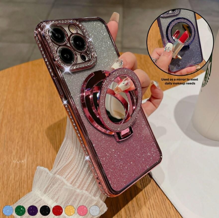 For iPhone 17 Pro Max 16 15 14 13 Bling Diamond Mag Safe Ring Stand Case Mirror