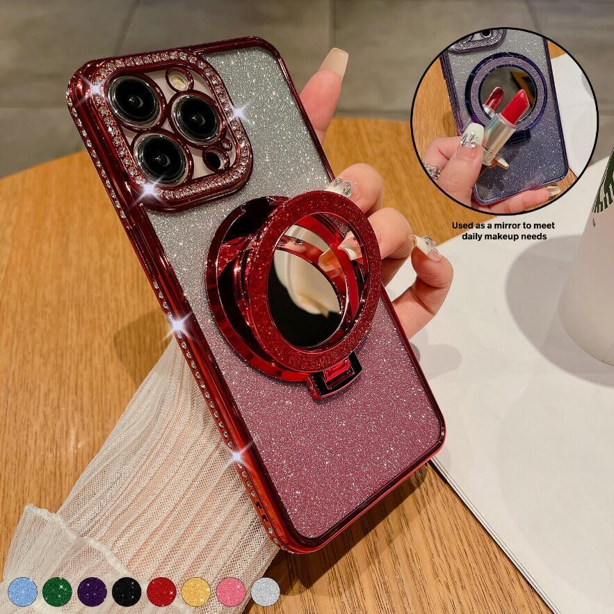 For iPhone 17 Pro Max 16 15 14 13 Bling Diamond Mag Safe Ring Stand Case Mirror