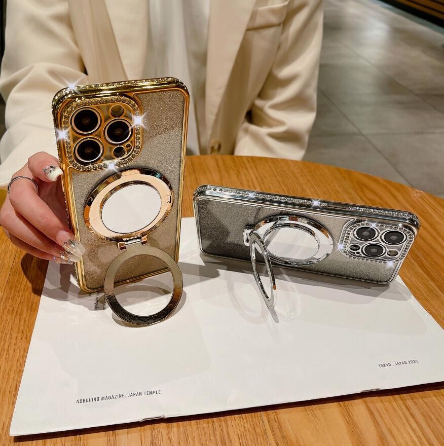 For iPhone 17 Pro Max 16 15 14 13 Bling Diamond Mag Safe Ring Stand Case Mirror