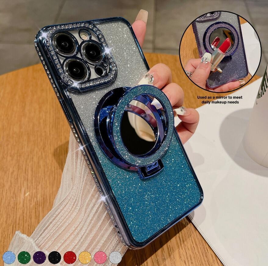 For iPhone 17 Pro Max 16 15 14 13 Bling Diamond Mag Safe Ring Stand Case Mirror