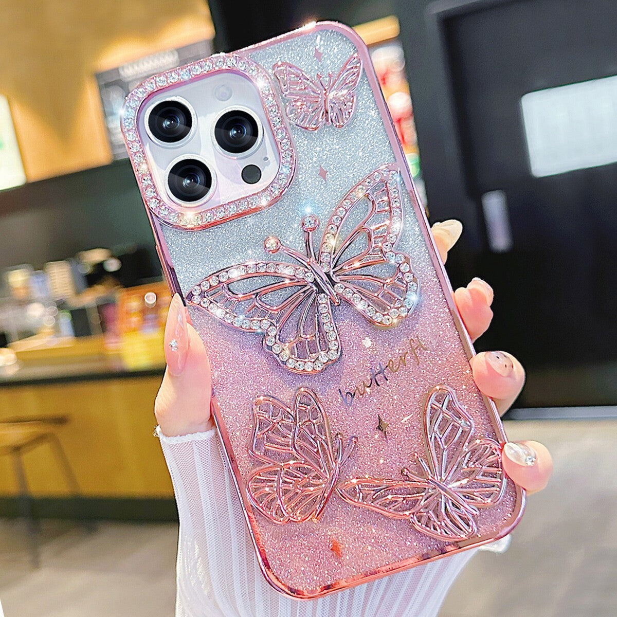 For iPhone 17 Pro Max 16 15 14 13 12 11 Pro Butterfly Glitter Bling Sparkle Case