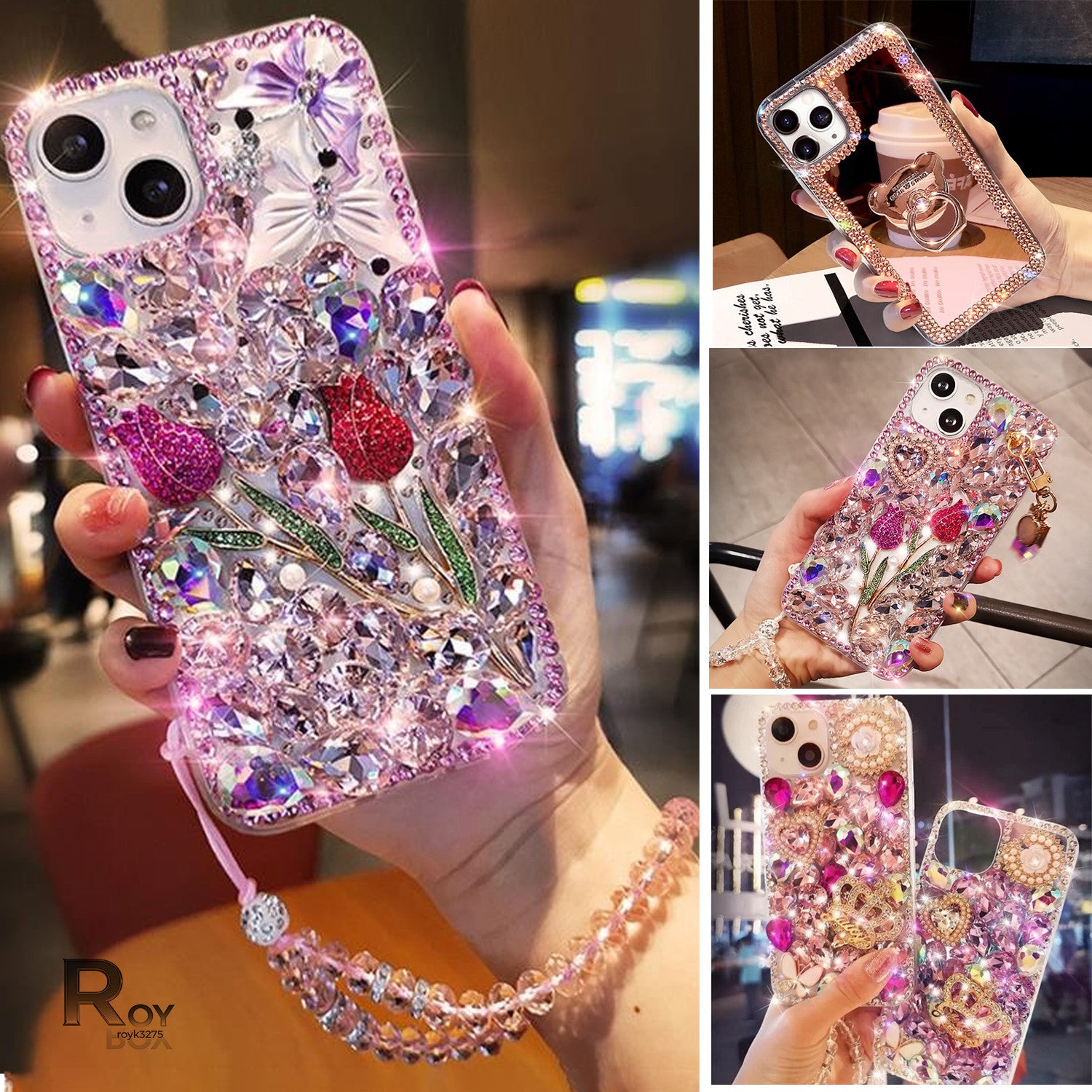 For iPhone 17 16 Pro Max 15 14 13 12 11 Bling Glitter Flower Diamond Case Cover