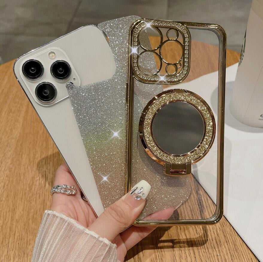 For iPhone 17 Pro Max 16 15 14 13 Bling Diamond Mag Safe Ring Stand Case Mirror