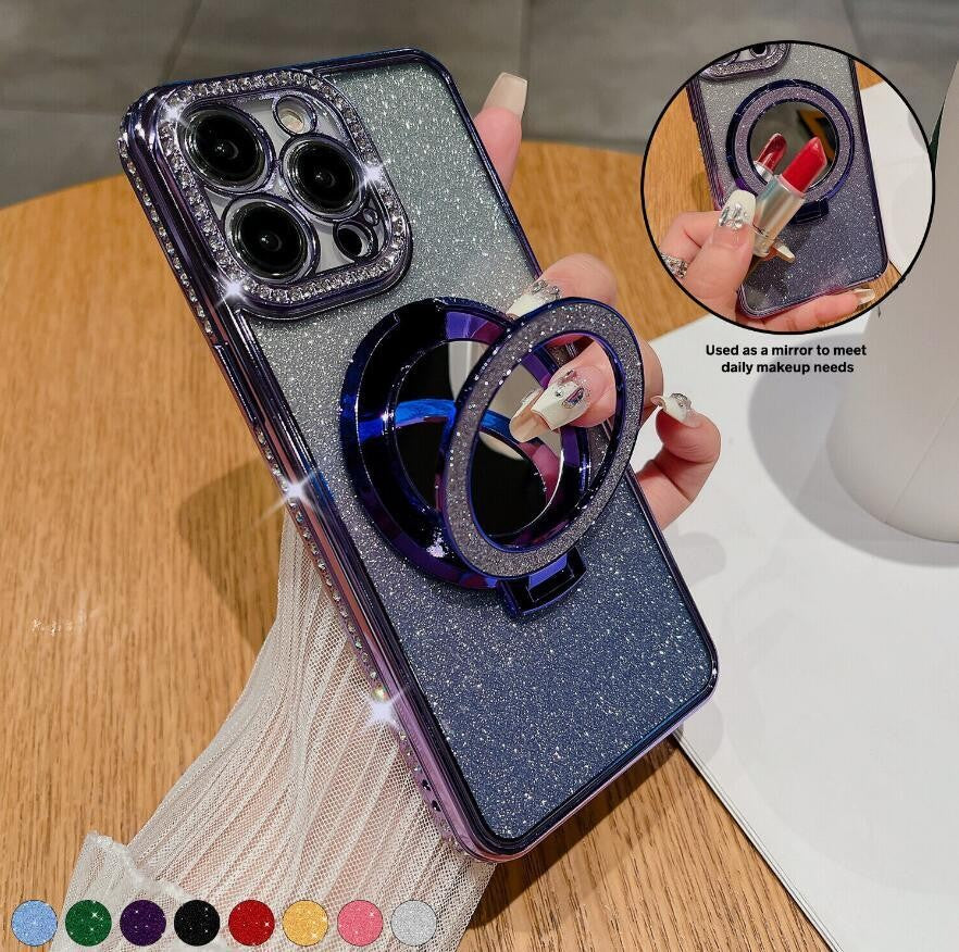 For iPhone 17 Pro Max 16 15 14 13 Bling Diamond Mag Safe Ring Stand Case Mirror