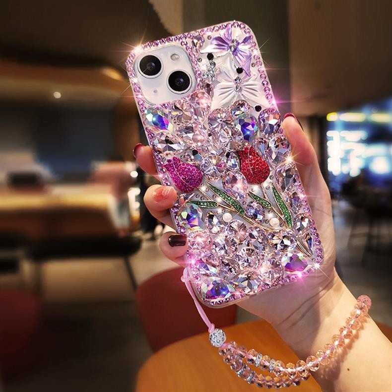 For iPhone 17 16 Pro Max 15 14 13 12 11 Bling Glitter Flower Diamond Case Cover