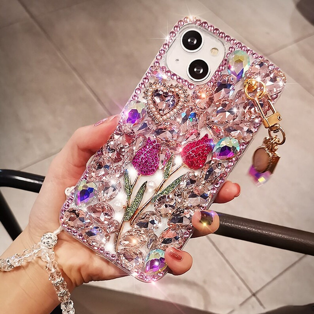 For iPhone 17 16 Pro Max 15 14 13 12 11 Bling Glitter Flower Diamond Case Cover
