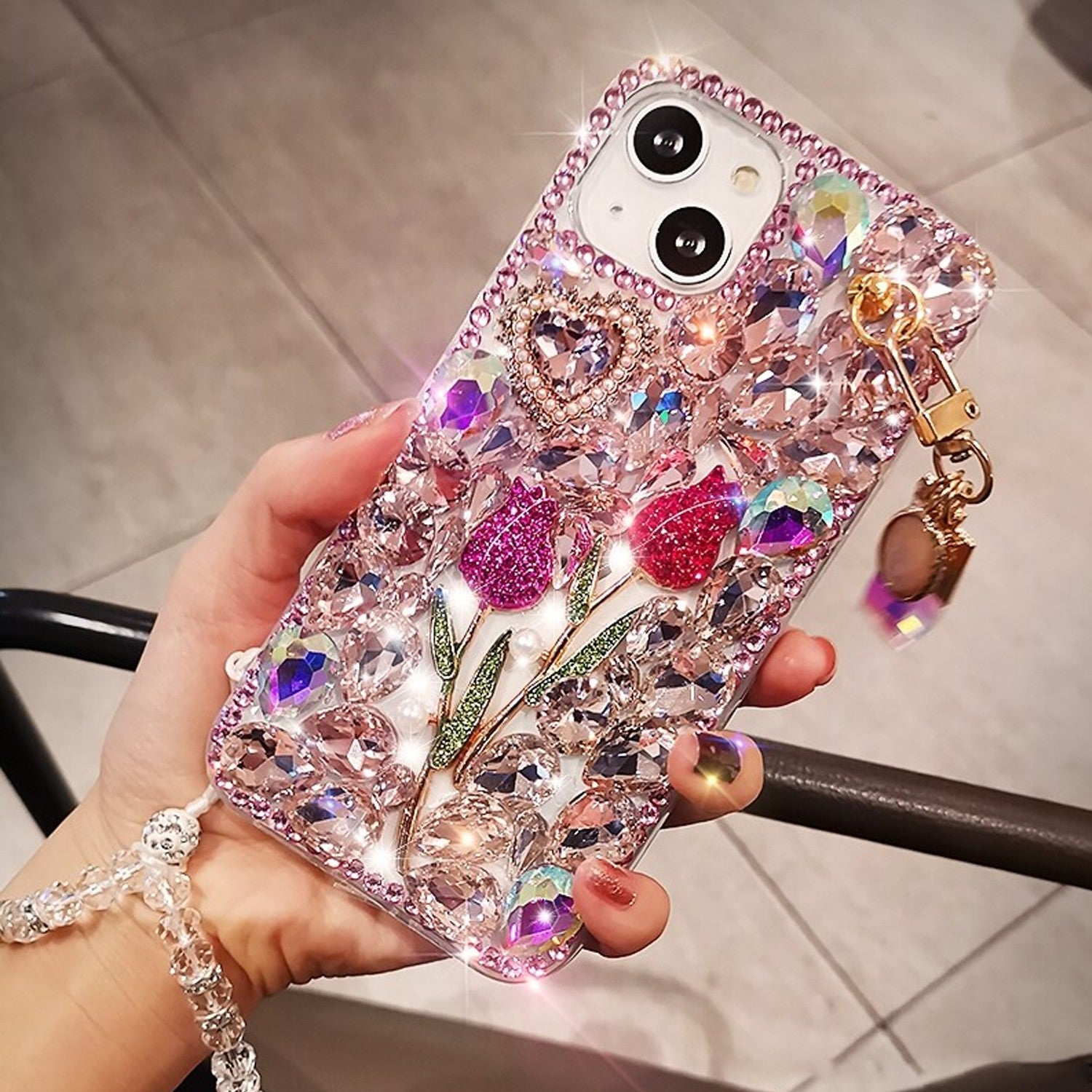 For iPhone 17 16 Pro Max 15 14 13 12 11 Bling Glitter Flower Diamond Case Cover