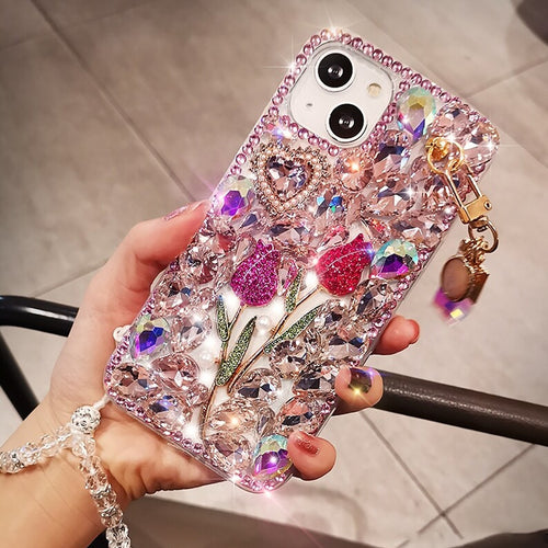 For iPhone 17 16 Pro Max 15 14 13 12 11 Bling Glitter Flower Diamond Case Cover