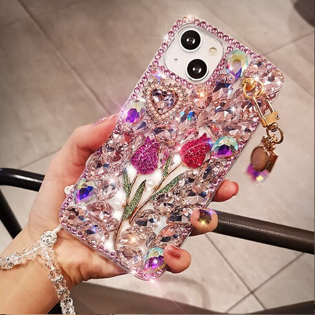 For iPhone 17 16 Pro Max 15 14 13 12 11 Bling Glitter Flower Diamond Case Cover