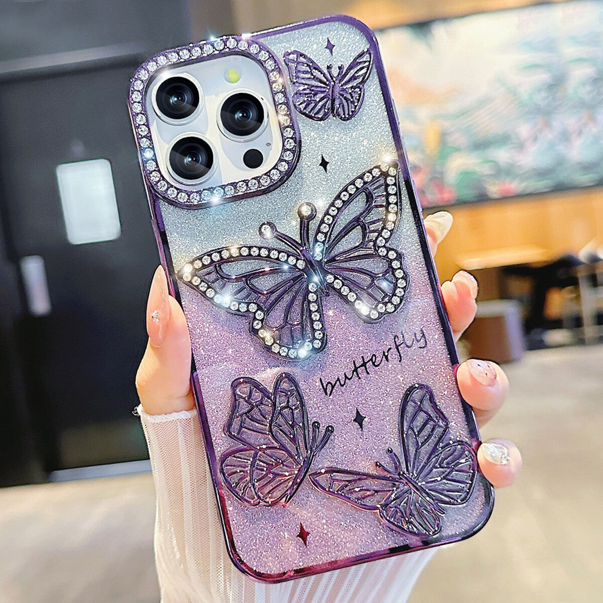 For iPhone 17 Pro Max 16 15 14 13 12 11 Pro Butterfly Glitter Bling Sparkle Case