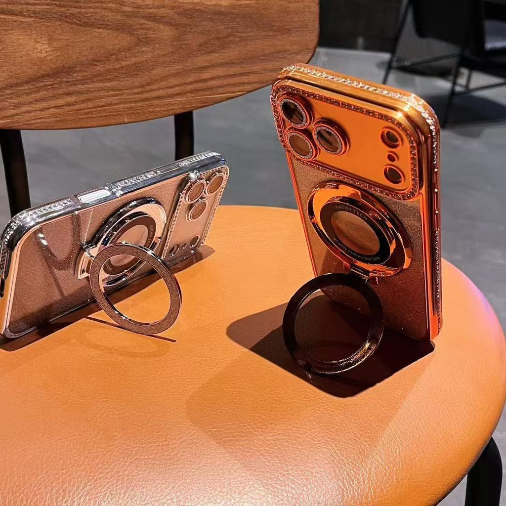 For iPhone 17 Pro Max 16 15 14 13 Bling Diamond Mag Safe Ring Stand Case Mirror