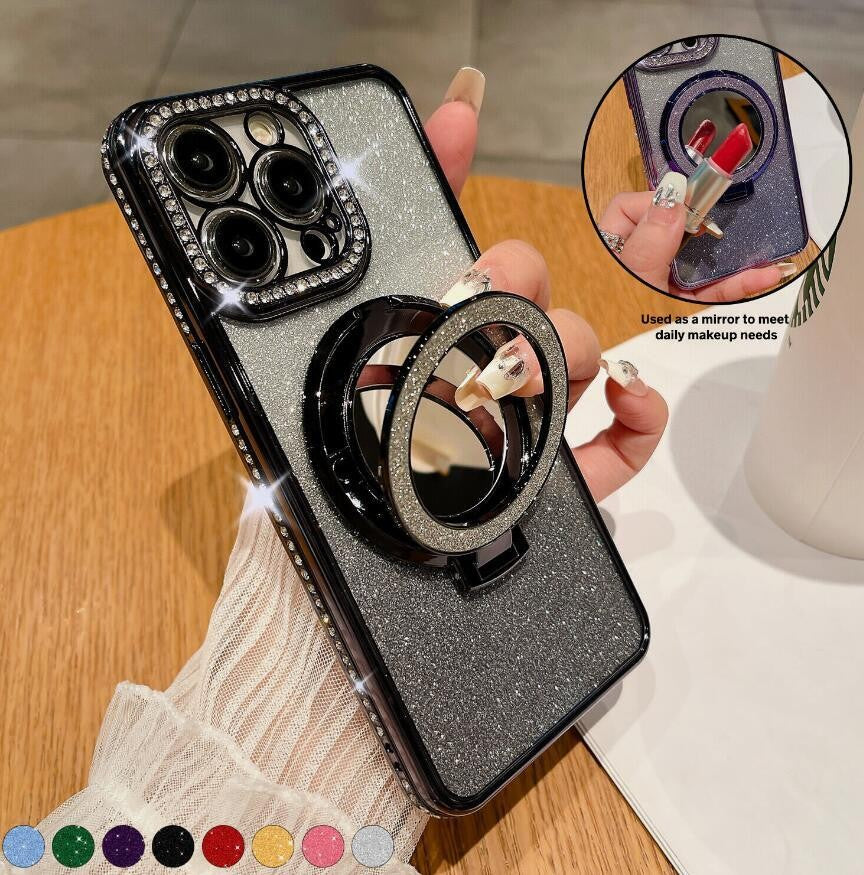 For iPhone 17 Pro Max 16 15 14 13 Bling Diamond Mag Safe Ring Stand Case Mirror