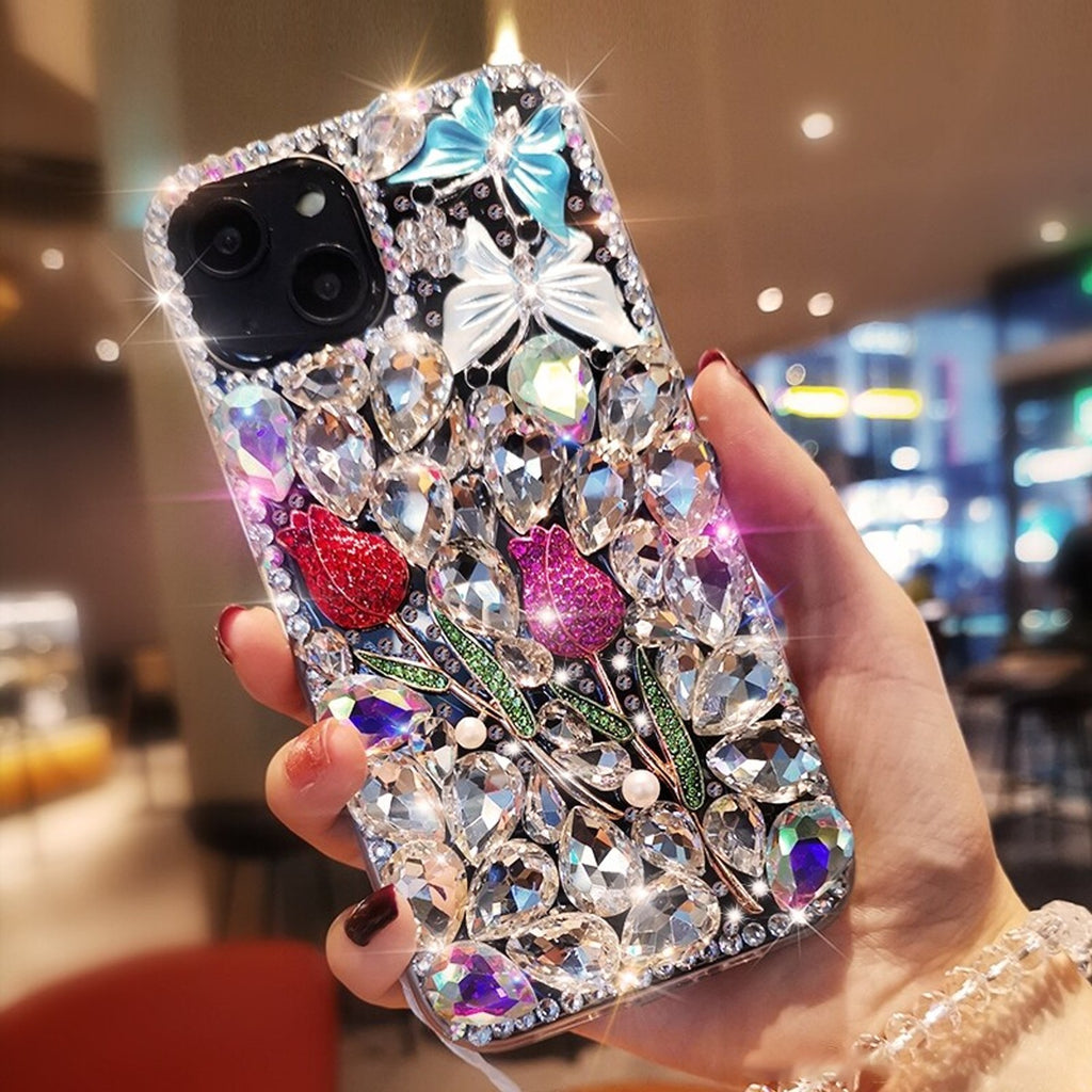 For iPhone 17 16 Pro Max 15 14 13 12 11 Bling Glitter Flower Diamond Case Cover