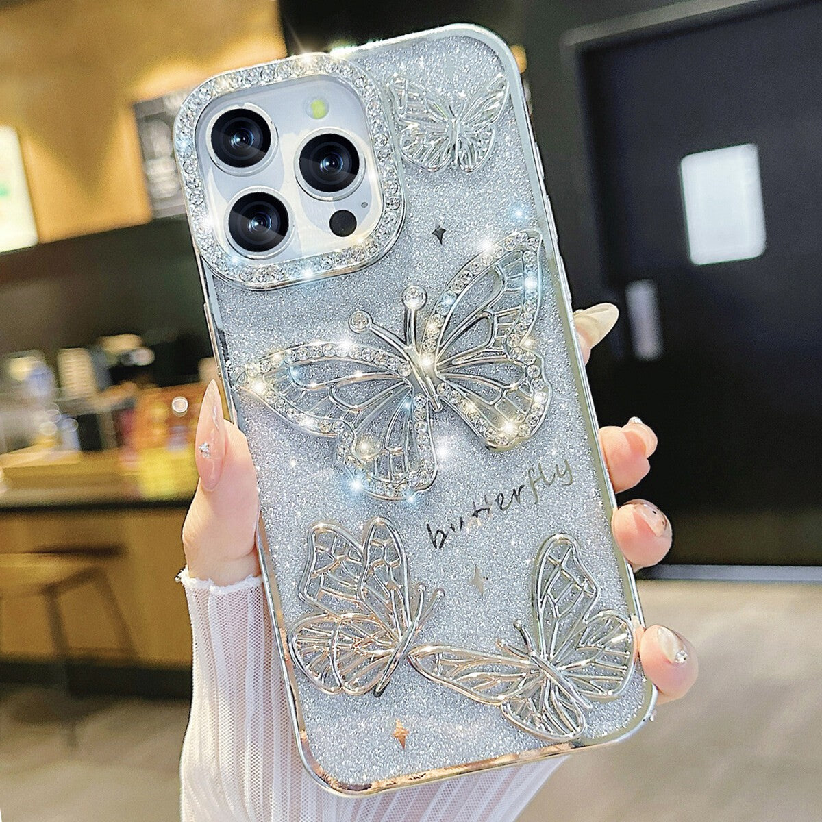 For iPhone 17 Pro Max 16 15 14 13 12 11 Pro Butterfly Glitter Bling Sparkle Case