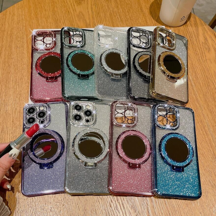 For iPhone 17 Pro Max 16 15 14 13 Bling Diamond Mag Safe Ring Stand Case Mirror