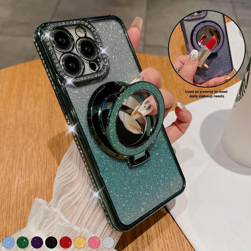 For iPhone 17 Pro Max 16 15 14 13 Bling Diamond Mag Safe Ring Stand Case Mirror