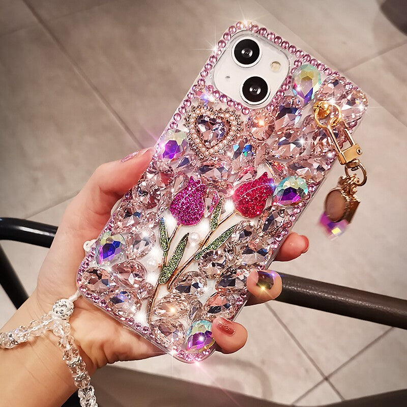 For iPhone 17 16 Pro Max 15 14 13 12 11 Bling Glitter Flower Diamond Case Cover
