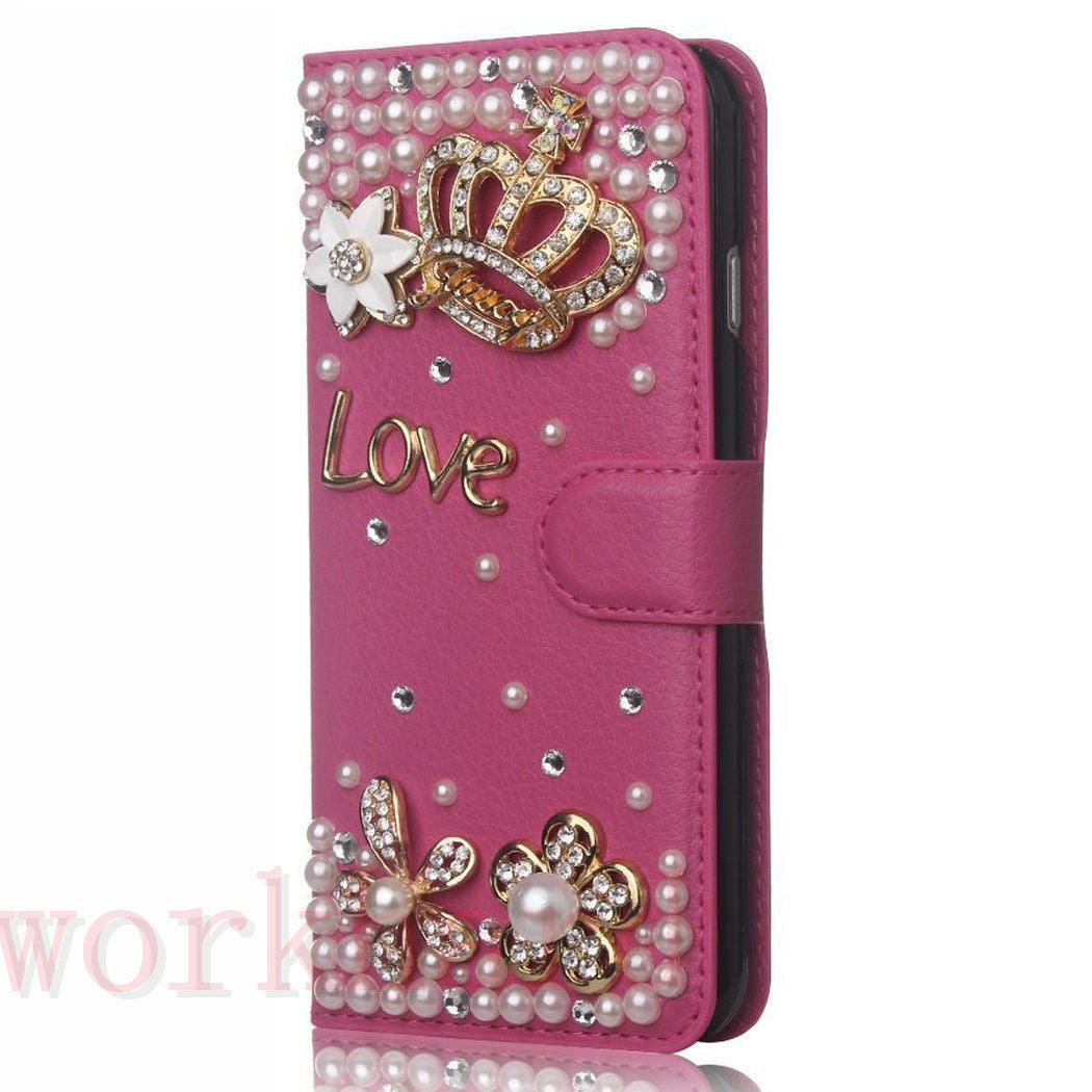 Leather Flip Bling Rhinestone Diamond Wallet Case Girl Cover For Samsung Galaxy