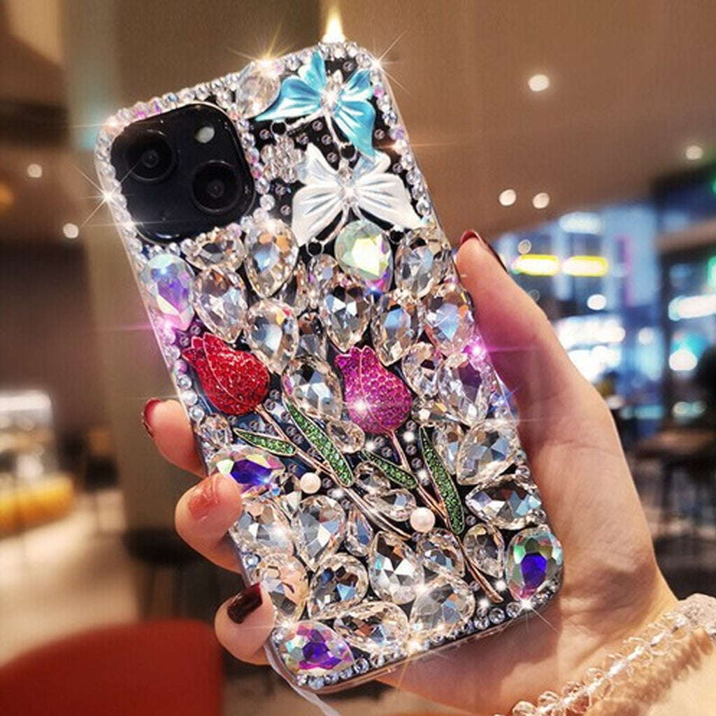 For iPhone 17 16 Pro Max 15 14 13 12 11 Bling Glitter Flower Diamond Case Cover