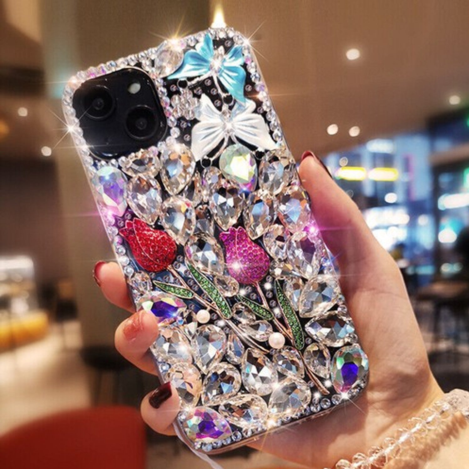 For iPhone 17 16 Pro Max 15 14 13 12 11 Bling Glitter Flower Diamond Case Cover