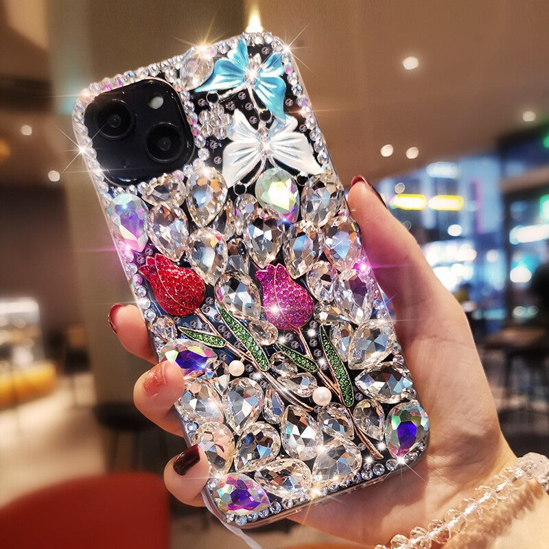 For iPhone 17 16 Pro Max 15 14 13 12 11 Bling Glitter Flower Diamond Case Cover