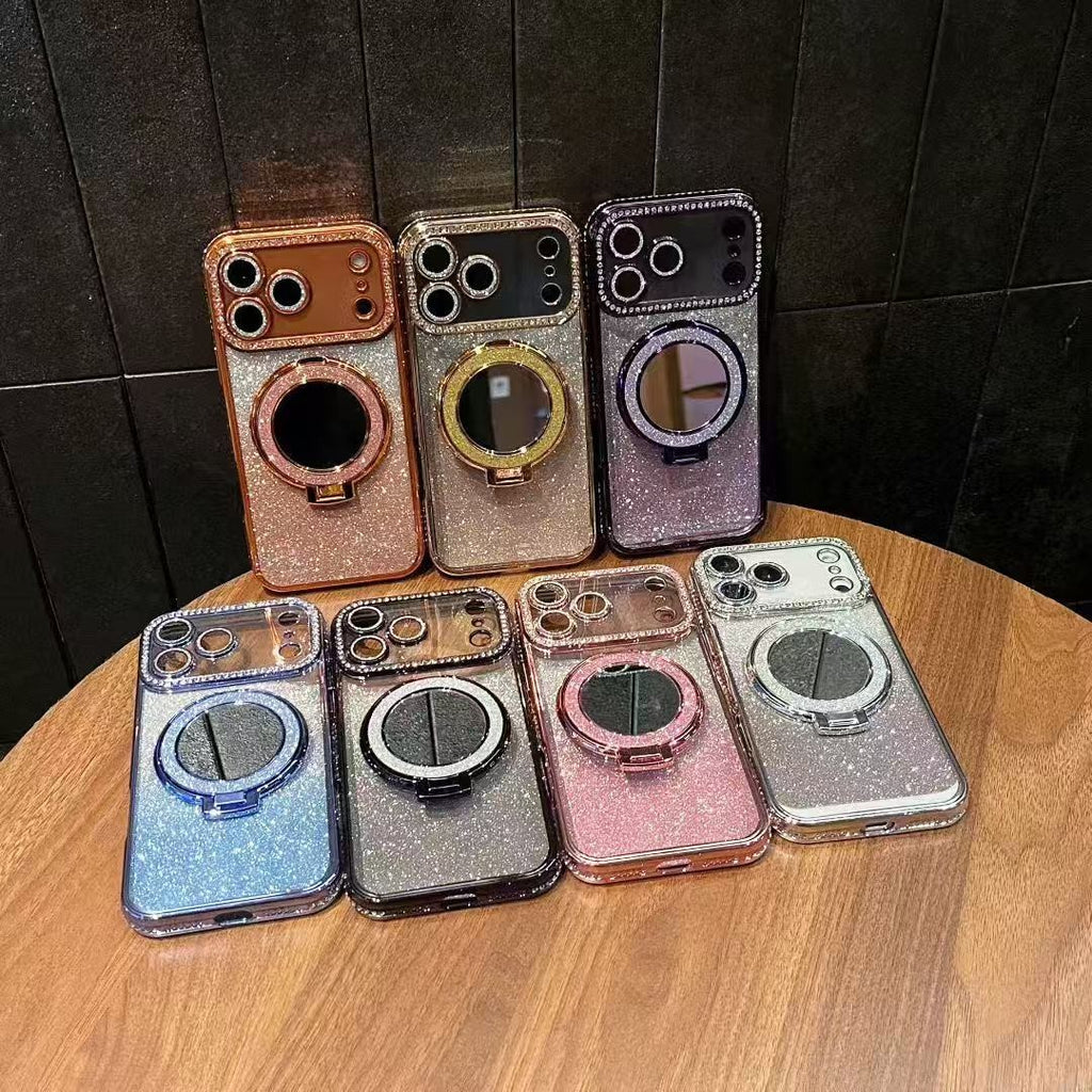 For iPhone 17 Pro Max 16 15 14 13 Bling Diamond Mag Safe Ring Stand Case Mirror