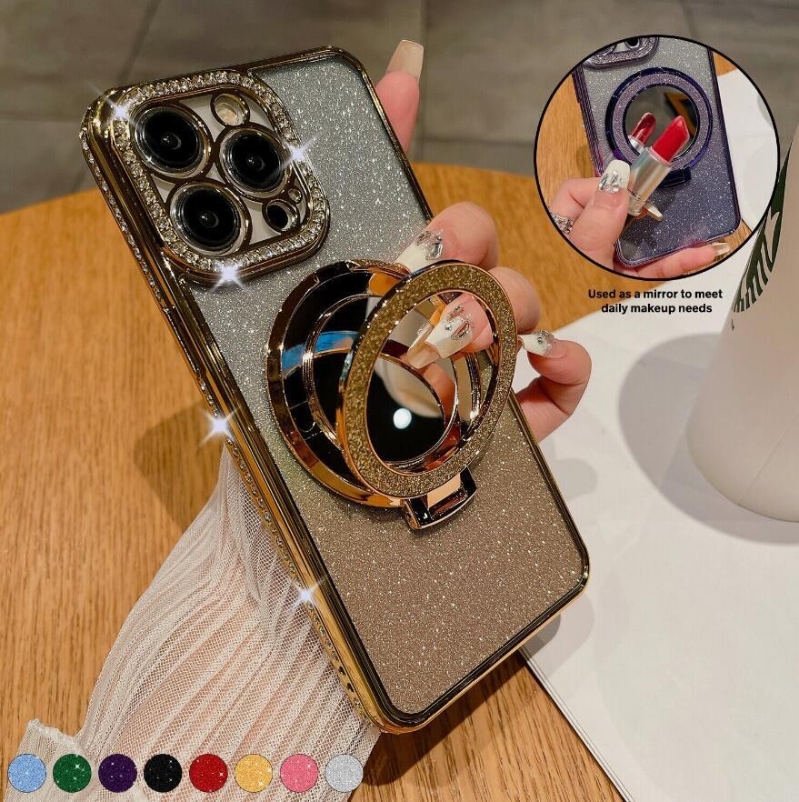 For iPhone 17 Pro Max 16 15 14 13 Bling Diamond Mag Safe Ring Stand Case Mirror